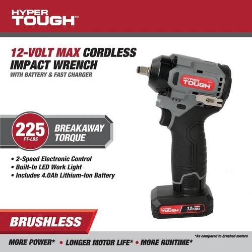 Hyper Tough 12V Max Cordless Brushless Impact Wrench with and Charger 225 ft - Picture 7 of 8