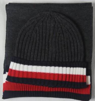 Tommy Hilfiger Grey Black Red White Scarf Beanie 2 Piece Set NWT