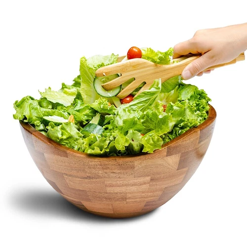 Wooden Salad Bowl Set with Bamboo Tong - 11.8" Acacia Wood Salad Bowl,