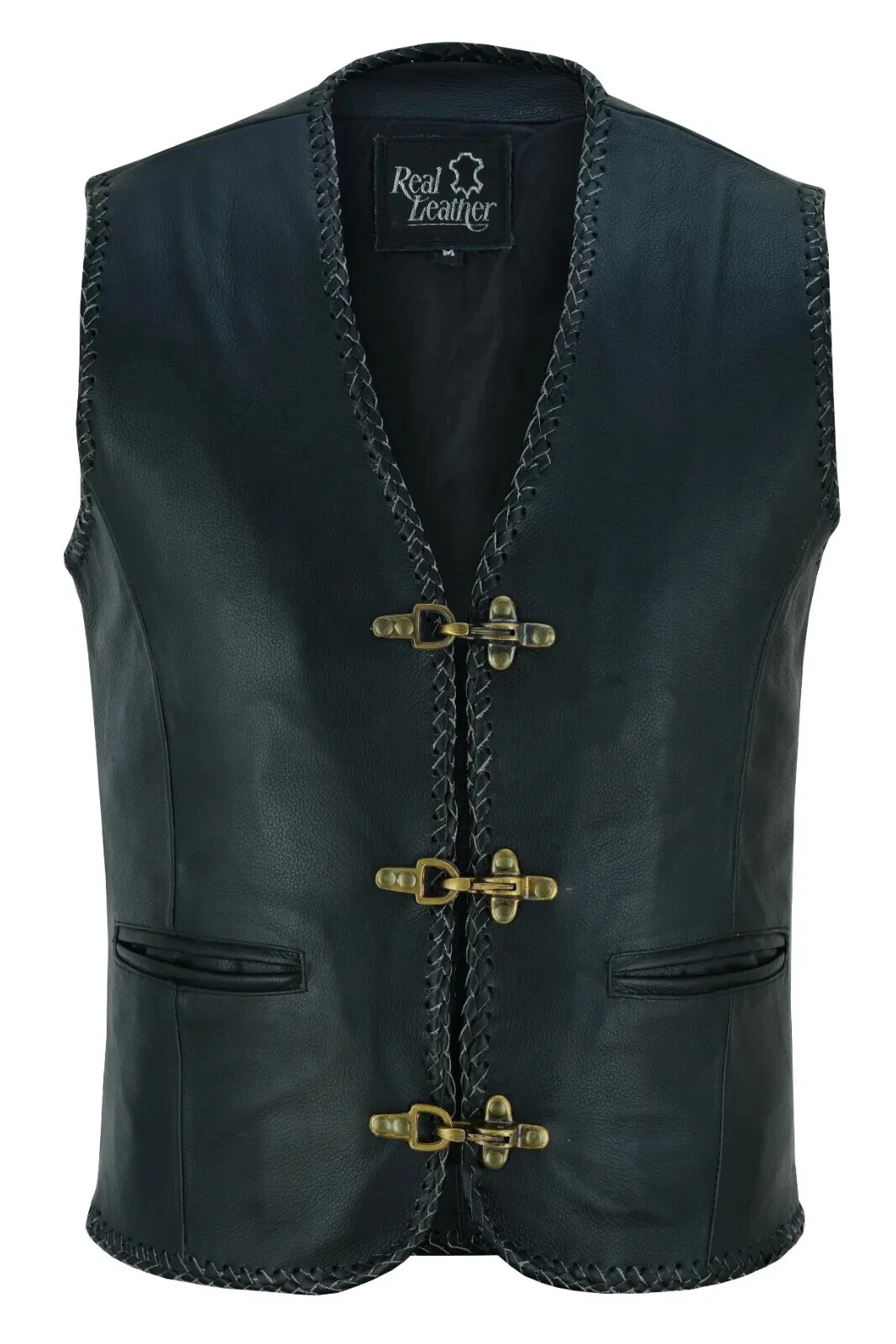 Mens Real Leather Vest Fish Gold Hook Buckle Biker Vest Waistcoats Sides Laces