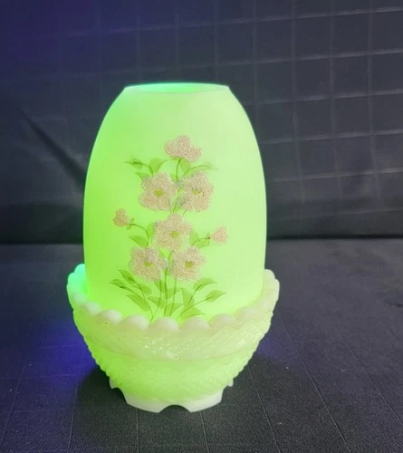 VTG Fenton Uranium Custard Glass Candle Fairy Lamp Hand Painted Flowers Signed