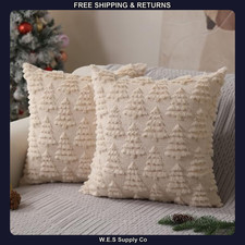 Christmas Pillow Covers 18x18 Set of 2 Beige Faux Fur Tree Design