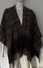 Cejon Grey Multi Fringed Shawl Poncho One Size Topper Plaid