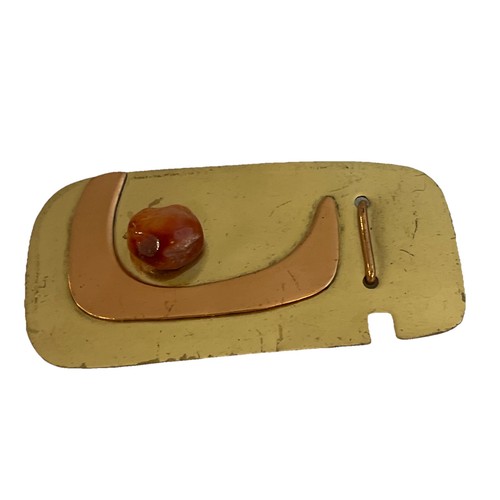 Vtg Modernist Brooch,Brass Gold Tone W/orange Stone Mixed Materials