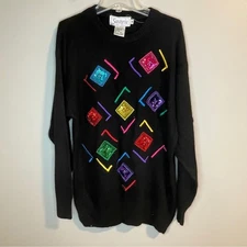 VINTAGE Colorful Geometric Black Lambswool Angora blend Sweater