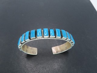 Sterling Silver & Turquoise Row Cuff Bracelet Unsigned 31.4g