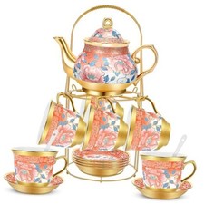 20 Pcs Porcelain Tea Set for Adults with Metal Holder and Spoon Attractive