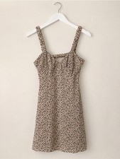 American Eagle Mini Dress Small Beige Black Animal Print Ruched Bust Fit & Flare