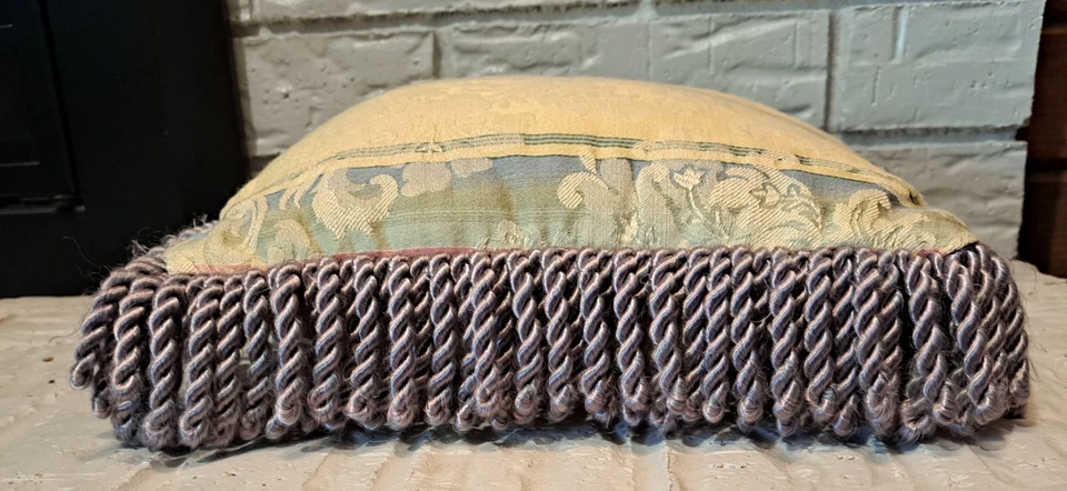 Decorative Silk Throw Pillow With A Damask Pattern & Rope Fringe Trim 10" X 10" - Image 4 of 4