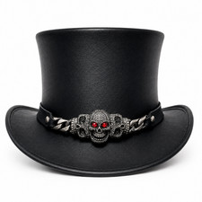 Black Genuine Leather Gothic Top Hat Skull Chain Steampunk Biker Cosplay