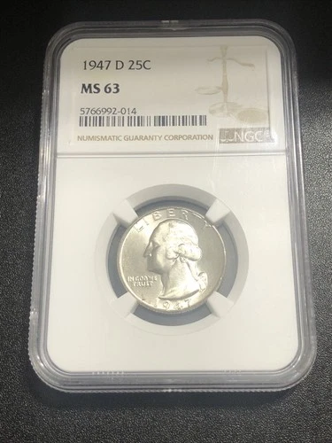 1947 D WASHINGTON QUARTER NGC Graded MS 63 90% Silver