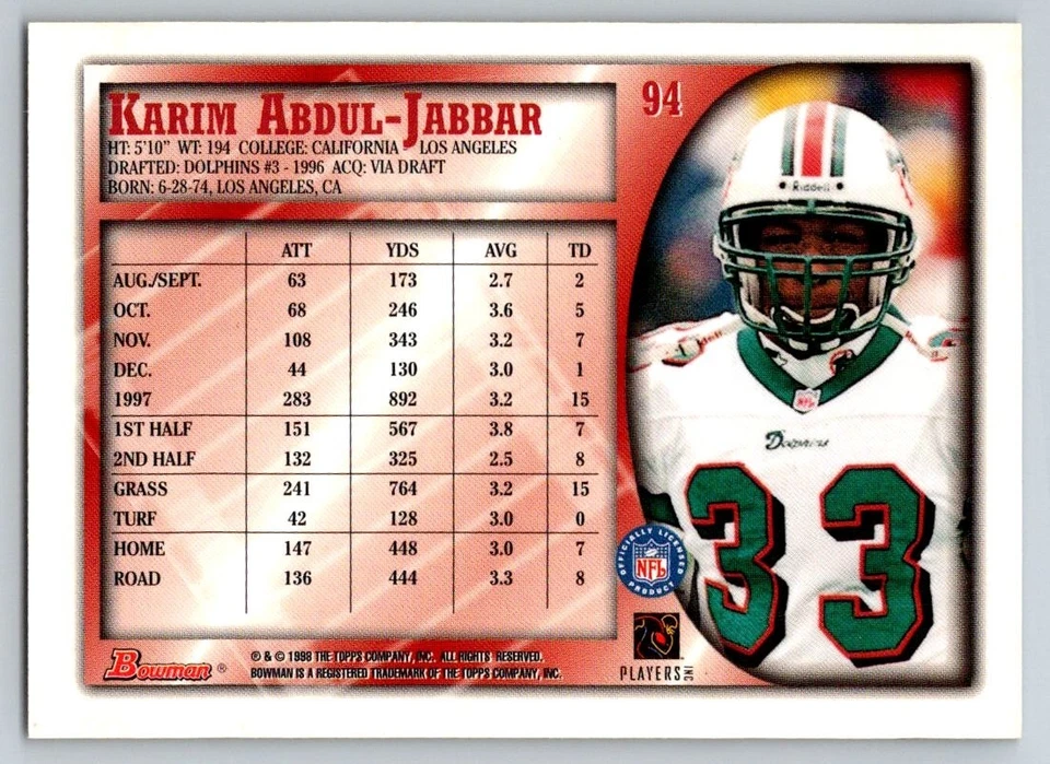 1998 Bowman - Karim Abdul-Jabbar #94 - Image 2 of 2