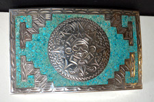 Large sterling V.H.L.C 2x3 in Turq inlay maya guad.Mex Jalisco belt buckle