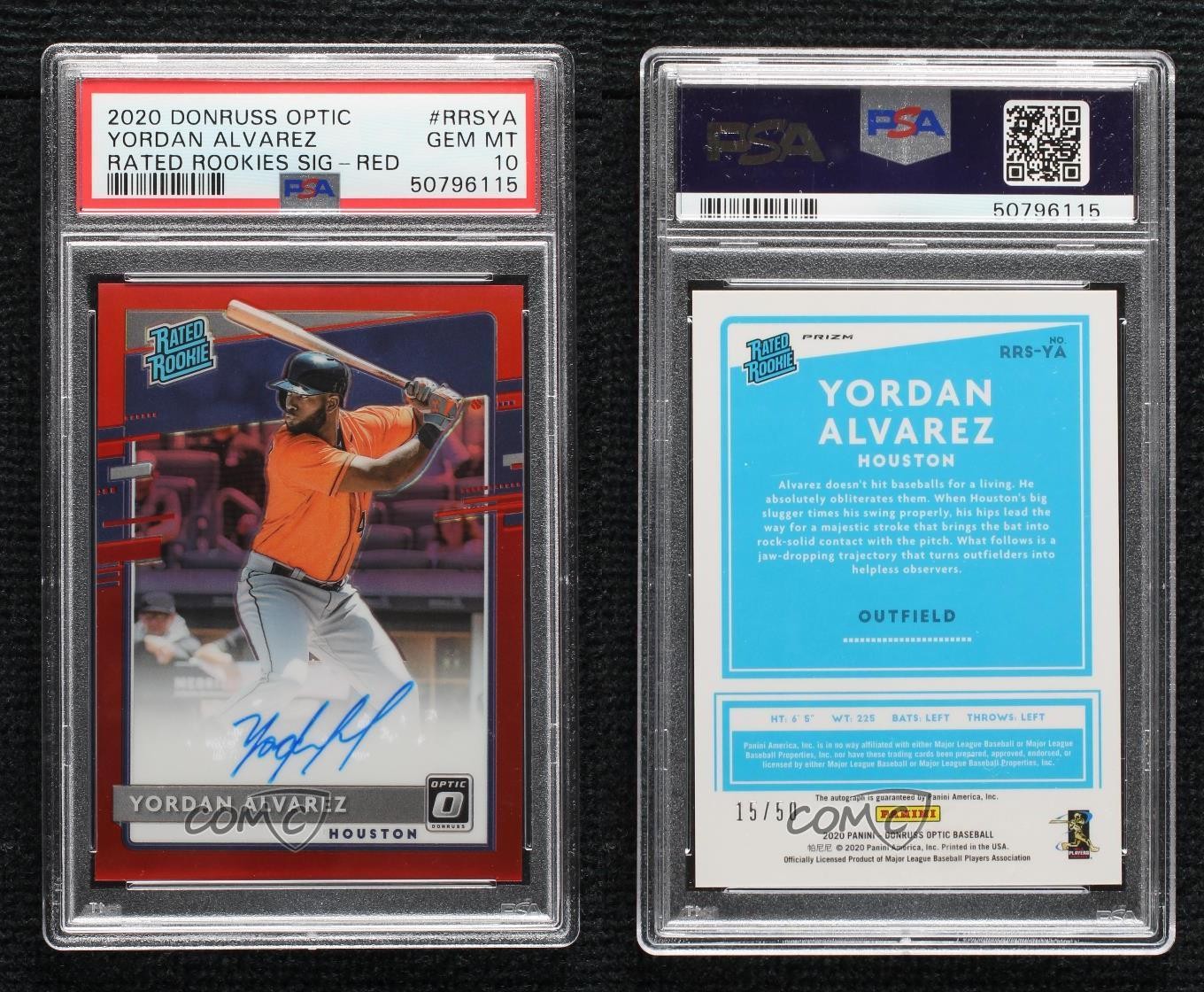 2020 Panini Donruss Optic Red Prizm 15/50 Yordan Alvarez PSA 10 Rookie Auto RC