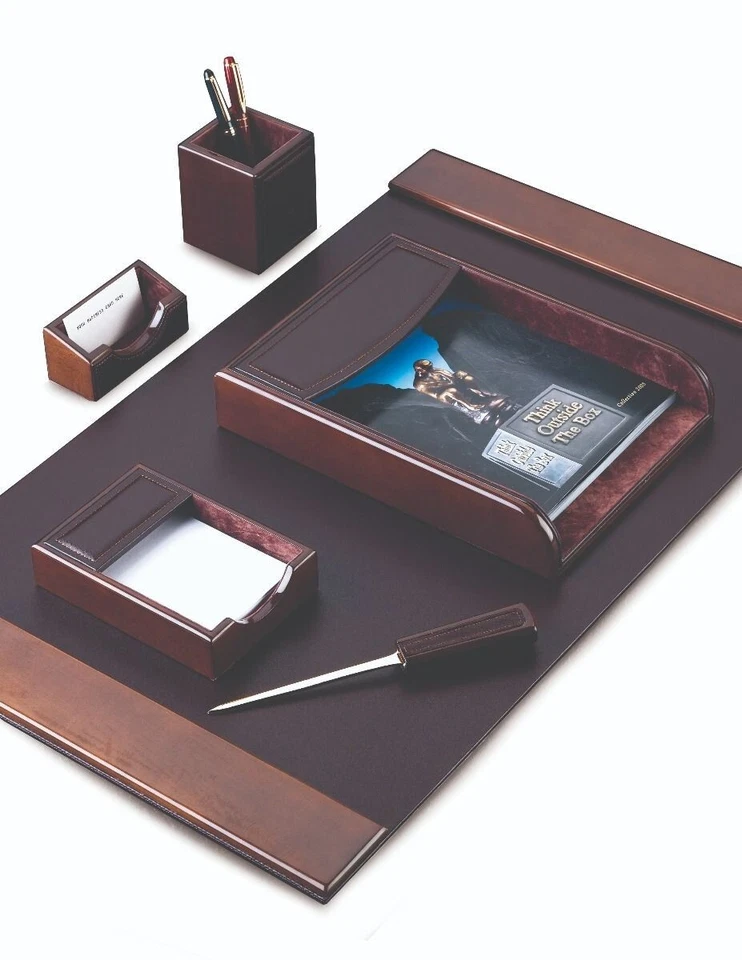 Bey Berk 6 Piece "Walnut" Wood & Brown Leather Desk Set - Image 2 of 3