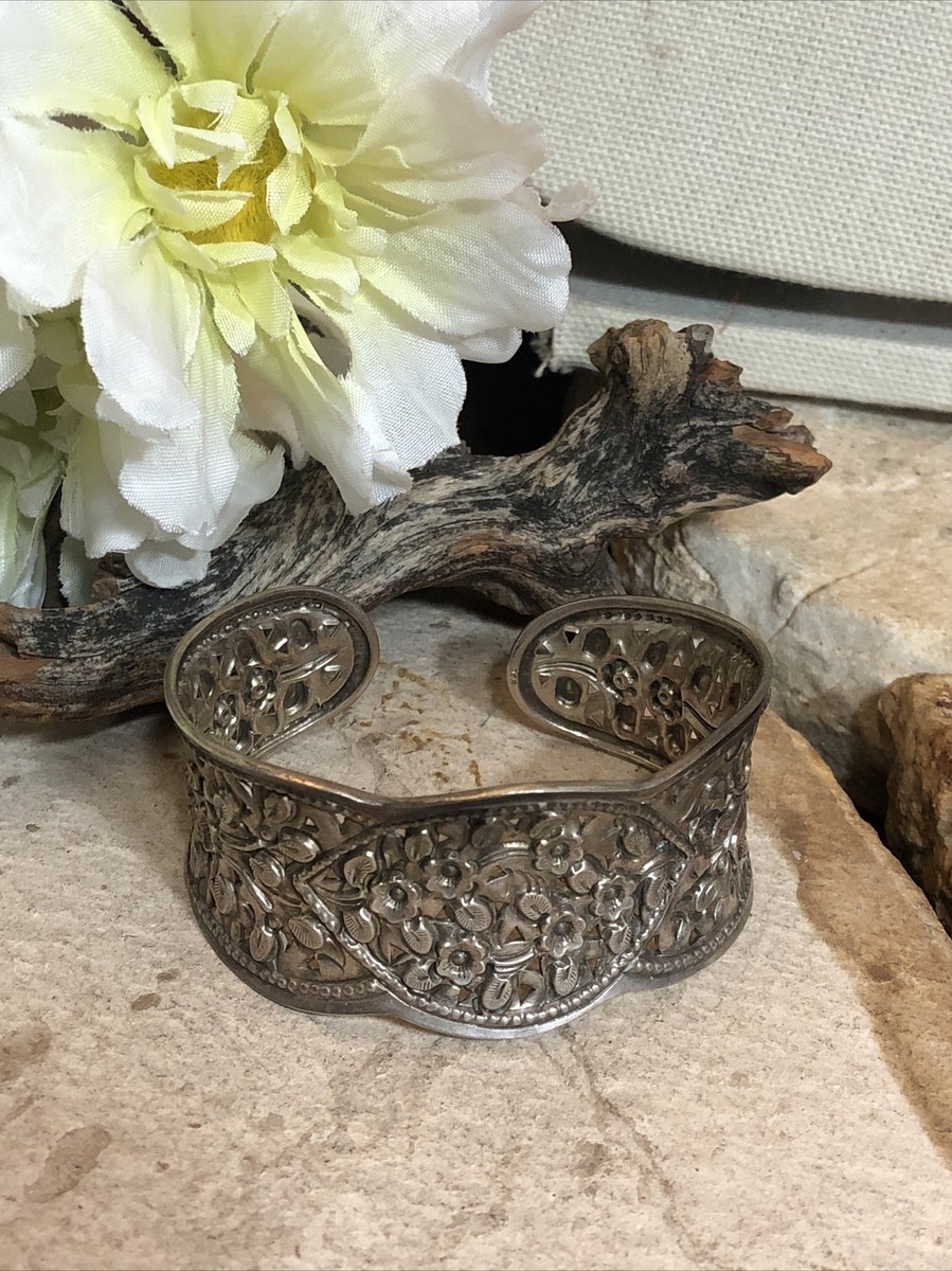 8. Vintage 925 Sterling Repousse Flower Concave Pierced Cuff