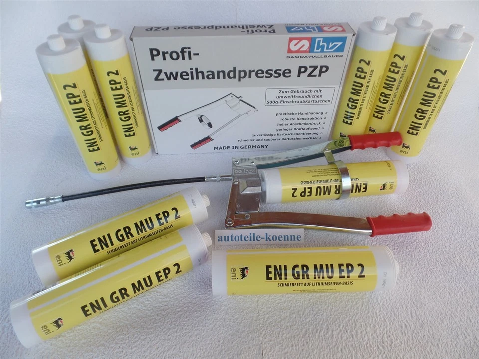 ENI+SAMOA-HALLBAUER 10x 500g ENI GR MU EP2 Schmierfett Schraubkartusche + 1x Zweihandfettpresse PZP