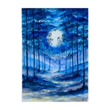 ORIGINAL WATERCOLOR Art Full moon landscape Painting Night Forest Art Galaxy Art