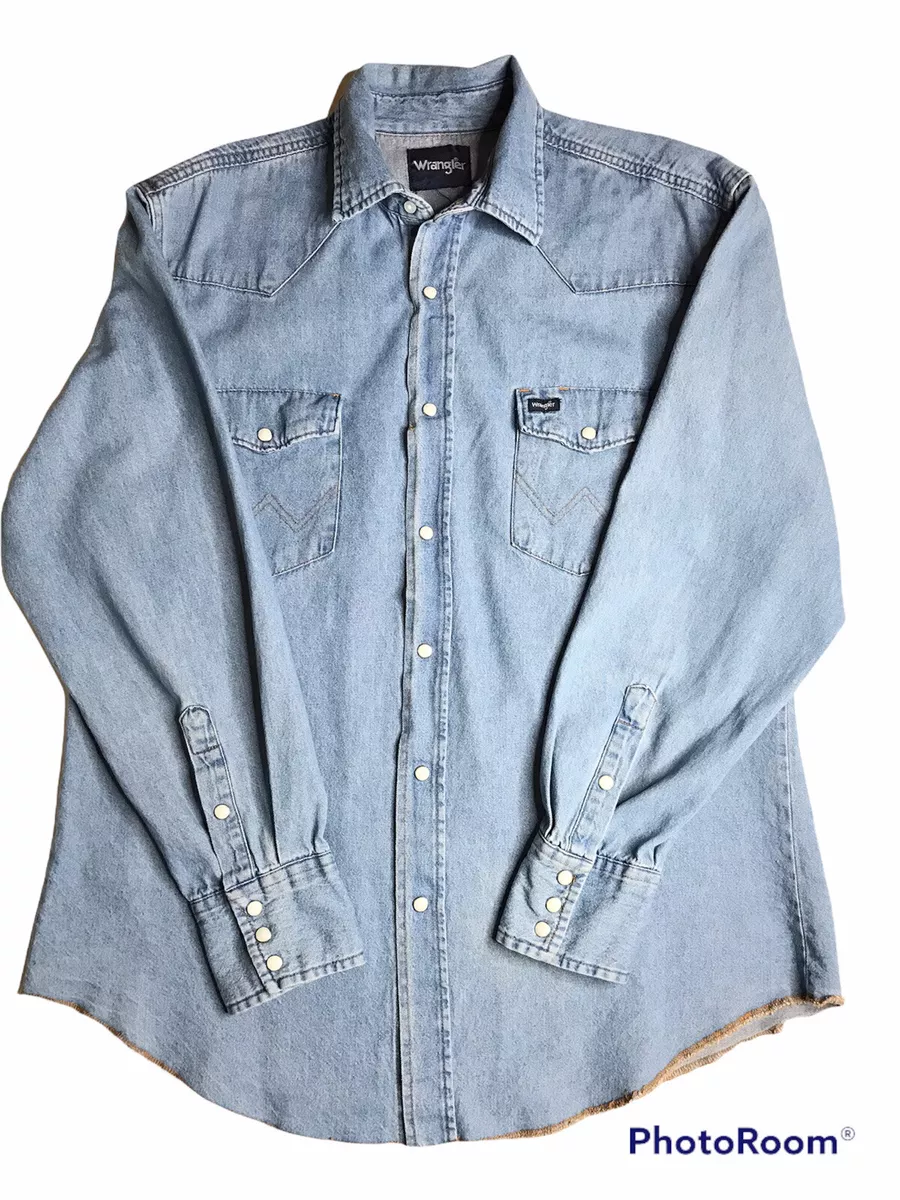 Wrangler Pearl Snap Denim Shirt Vintage Lg/XL? Light Blue Western