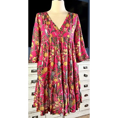 Roller Rabbit Isla Whimsical Bird Pink Oversized Dress XXS (Runs Large)