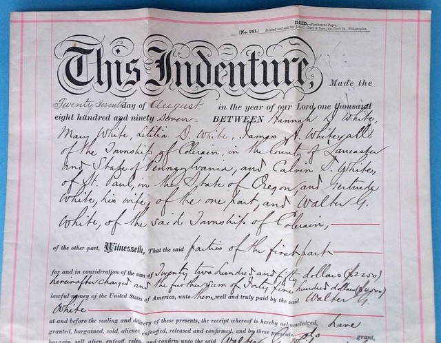 Orig. Indenture (Deed) 1897 The WHITE FAMILY Colerain