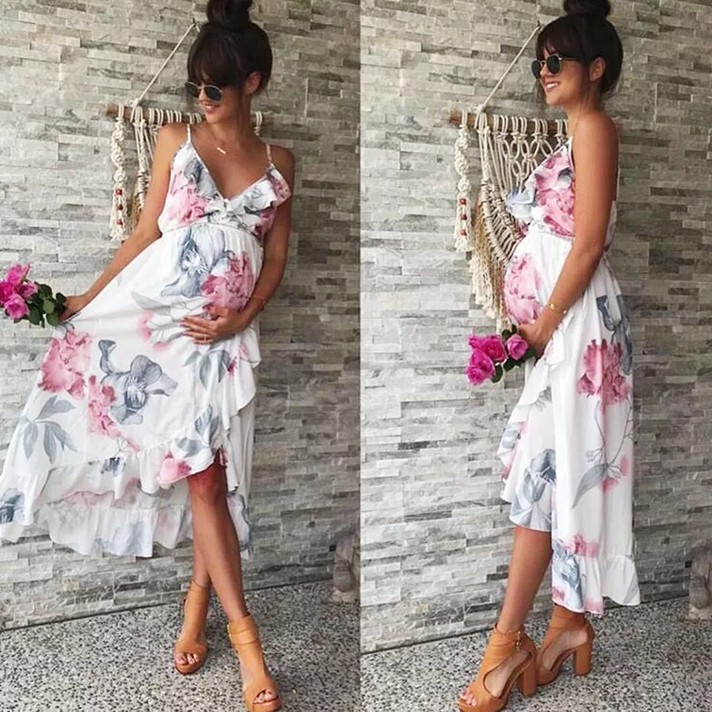 Women Maternity Pregnant Dresses Sleeveless Nursing Summer V-Neck Floral  Dress