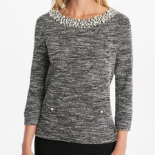 Karl Lagerfeld Tweed Long Sleeve Pearl Neck Tee Small NEW W TAG