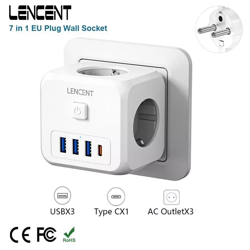 Multiprise Murale 7 en 1 Blanche avec 3 Prises AC et 4 Ports USB