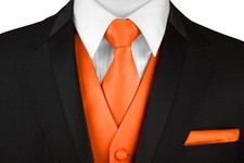 Men's Orange Satin Formal Tuxedo Vest, Tie  Hankie Set Wedding Prom Homecoming