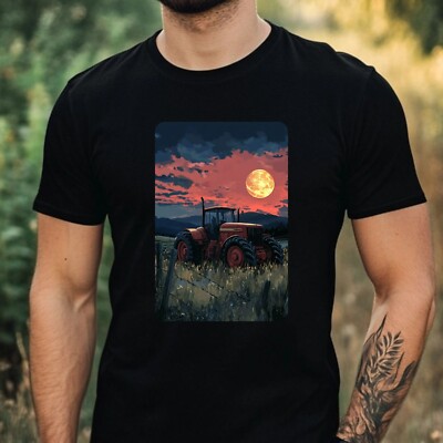 Mens Tractor Red Moon Motif Cotton T-Shirt Size XS to 5XL