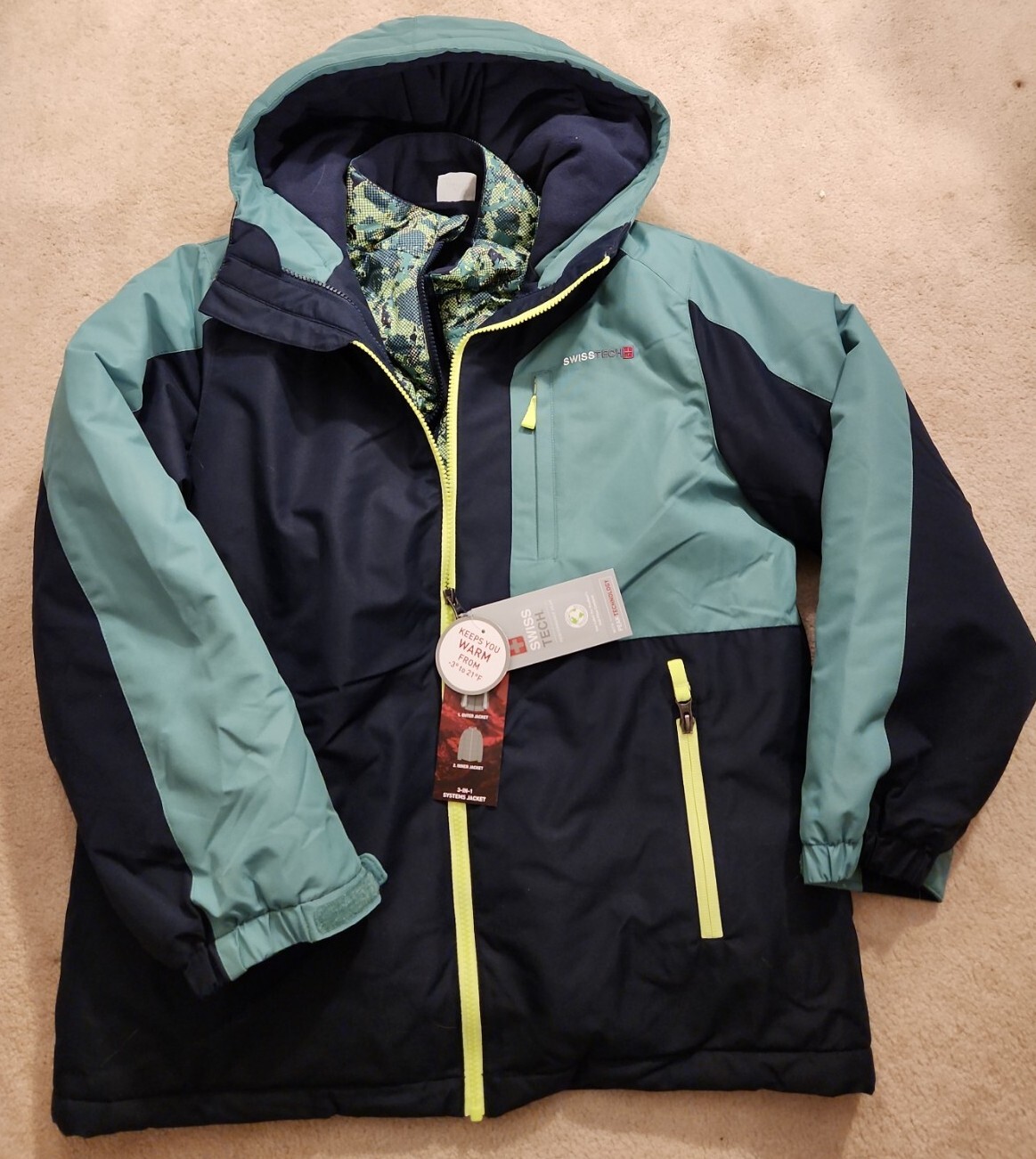 🆕️SWISS TECH Boy Reversible 3 in 1 System Jacket Blue Morpho Hood Size XL 14-16