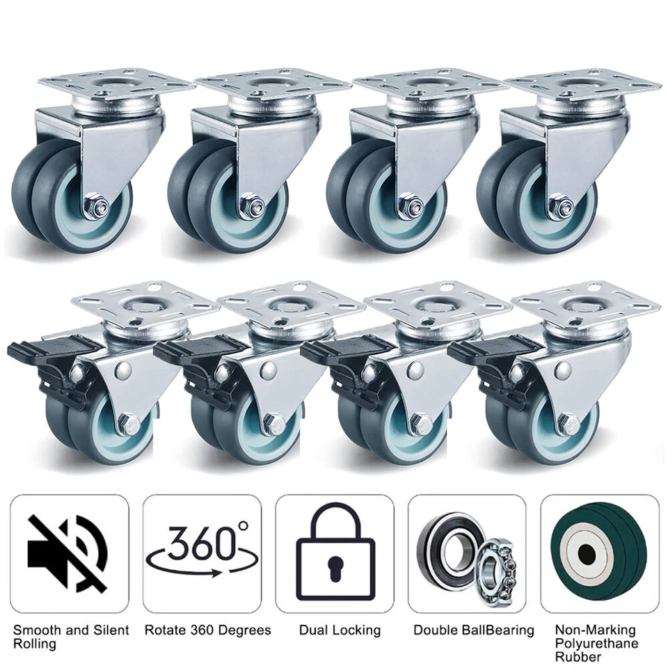 MARKENLOS 8x Doppel Lenkrolle Transportrollen Schwerlastrollen Gummirollen Bockrollen 50mm