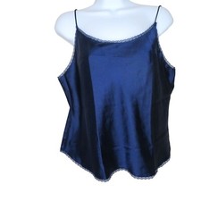 Olga 10173 Navy Blue Satin Camisole Top Embroidered Detail Lace Trim 38 USA Made