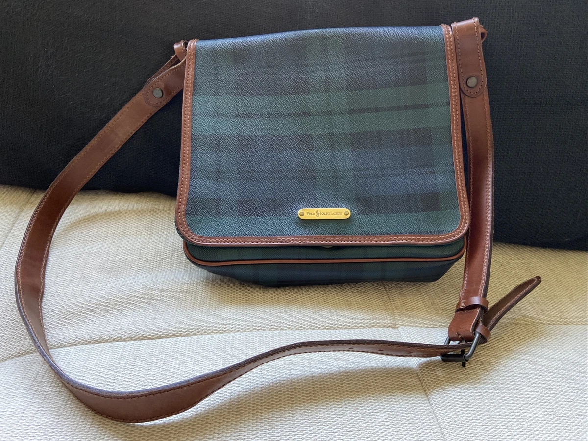 Vintage POLO RALPH LAUREN Leather Green Tartan Blackwatch Crossbody Bag  Purse