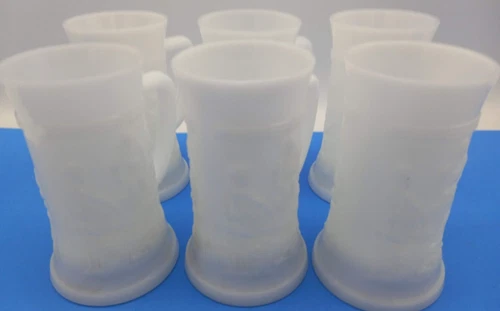 6 Vintage Federal Glass White Milk Glass Beer stein Mugs Tavern Scene 11 ozs