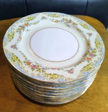 10 Noritake 'M' CALVERT 717 Salad Plates Blue Edge Pink Roses Floral Swag Japan