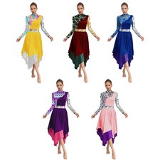 Women Dancewear Asymmetrical Dresses Worship Robe Long Mock Neck Celebration