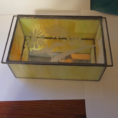 Stained Glass Rectangle Trinket Box Yellow Green Floral Hinged Lid