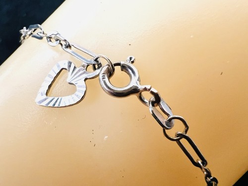 10k White Gold Istor Fancy Paper Clip Chain Anklet Ankle Bracelet Heart Charm - Picture 4 of 8