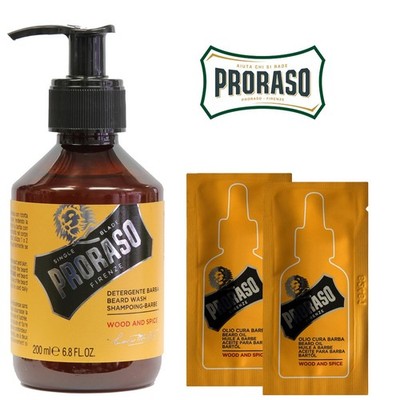 Proraso Wood & Spice Bartwäsche 200ml + 2 GRATIS Bartöl Beutel 3ml