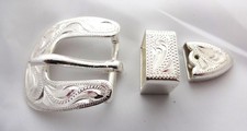 Engraved Sterling Silver Plate 3 Piece Belt Buckle Loop Tip 1/2"  Horse Tack New