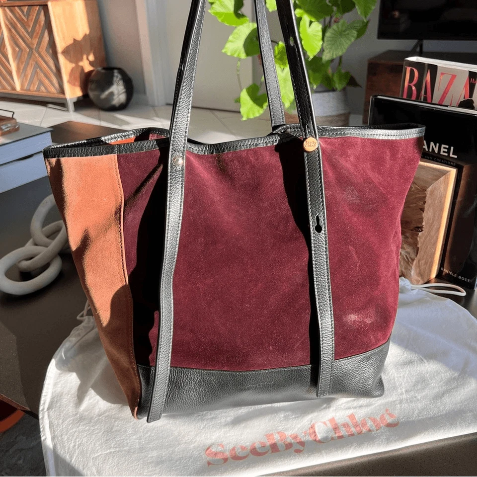 See By Chloe Suede & Leather Burgundy Orange Tote Bag - Image 2 of 4