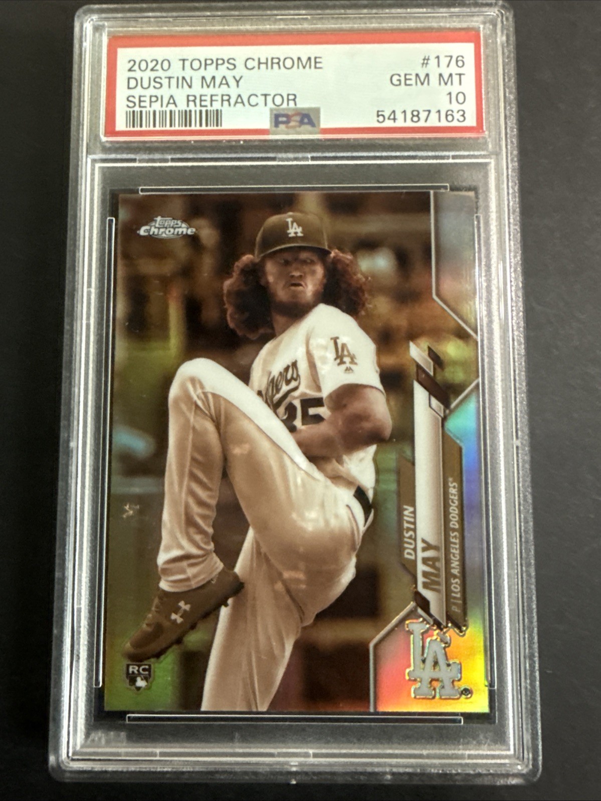 2020 Topps Baseball Chrome Sepia Refractor Dustin May Rookie Card #176 PSA 10