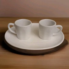 Over And Back Saucer & 2 Espresso Cups White Smooth Porcelain