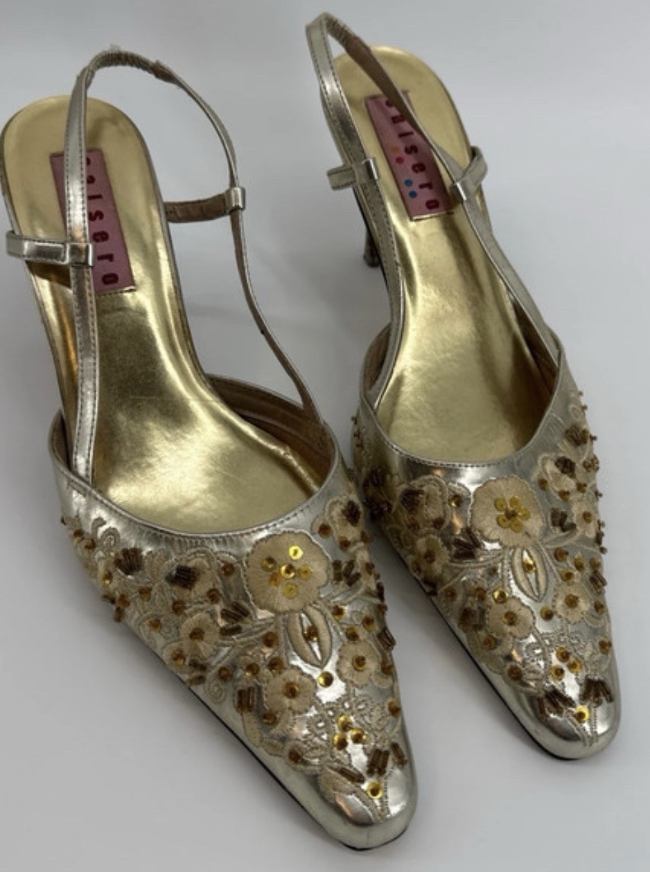 Women’s Vintage Salsero Gold Beaded Embroidered Sling Back Heels Size 10w