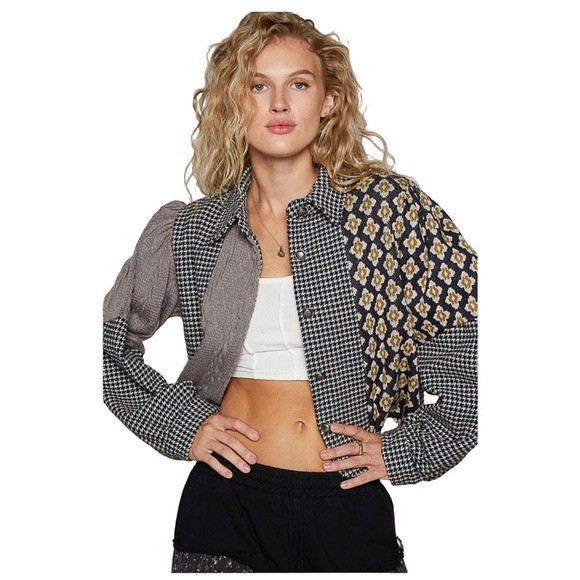 POL Mixed Knit Cropped Jacket Patchwork Color Blo… - image 1