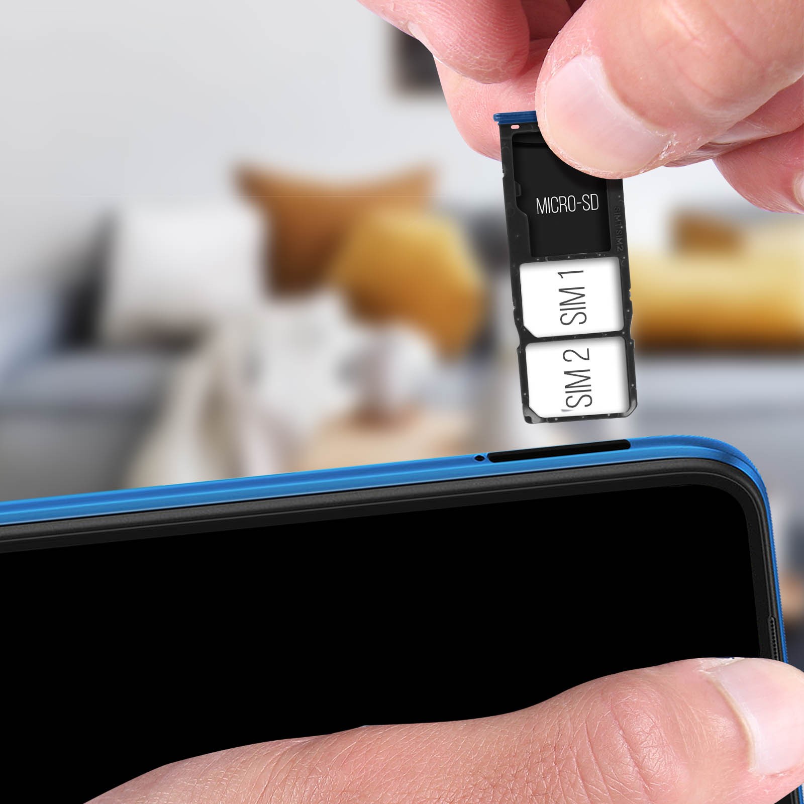 Support carte SIM Xiaomi Redmi 9 bleu, rack de remplacement double SIM et SD - 4
