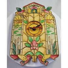 Vintage Faux Stained Glass Hummingbird Wall Clock Nature Decor Yellow Works RARE
