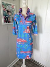 Gretchen Scott Jersey Ruffle Neck Dress Blue Jodhpur Journal XS 