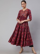 Maroon Kurta Women Floral Printed Flared Anarkali Kurti Gown Dress NEW